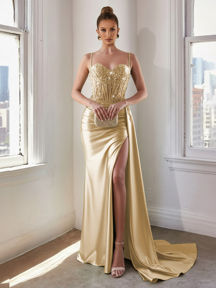 Glitter Spaghetti Strap Floor-Length Prom Dresses with Lace Appliques