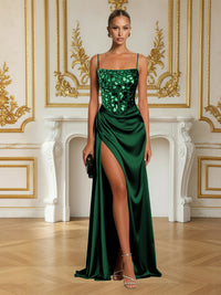 Elegant Spaghetti Strap Floor-Length Prom Dresses with Sparkly Mirror