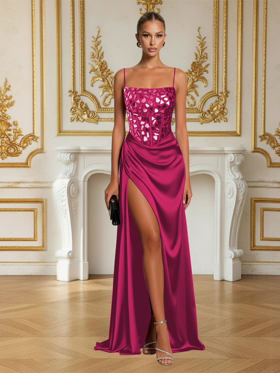 Elegant Spaghetti Strap Floor-Length Prom Dresses with Sparkly Mirror