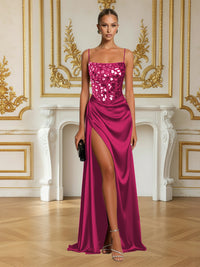 Elegant Spaghetti Strap Floor-Length Prom Dresses with Sparkly Mirror