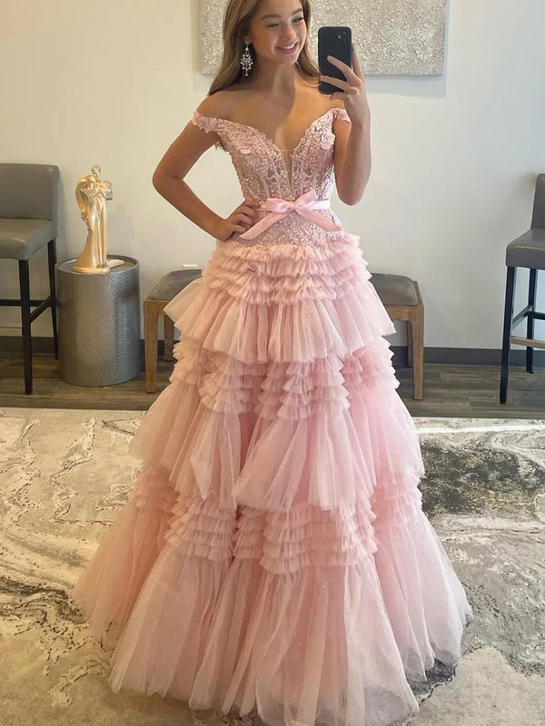 Off Shoulder Tiered Tulle Princess Prom Gown