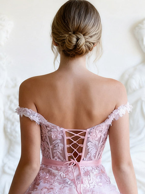 A Line/Princess Off Shoulder Floor-Length Prom Dresses with Tiered Ruffles