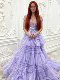 A Line/Princess Off Shoulder Floor-Length Prom Dresses with Tiered Ruffles