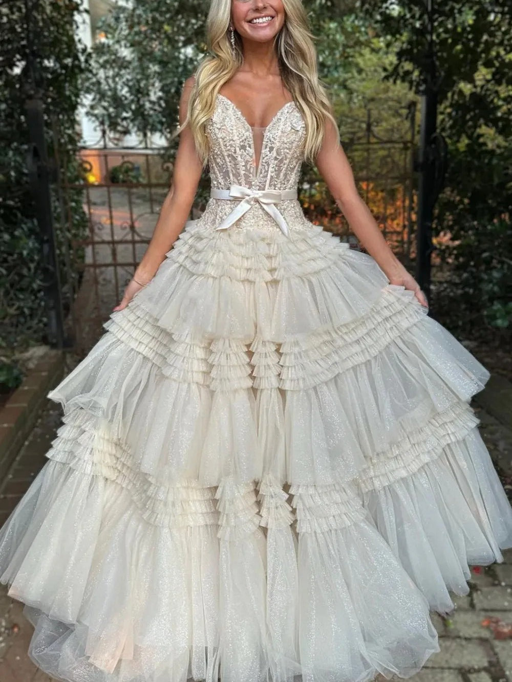 A Line/Princess Off Shoulder Floor-Length Prom Dresses with Tiered Ruffles