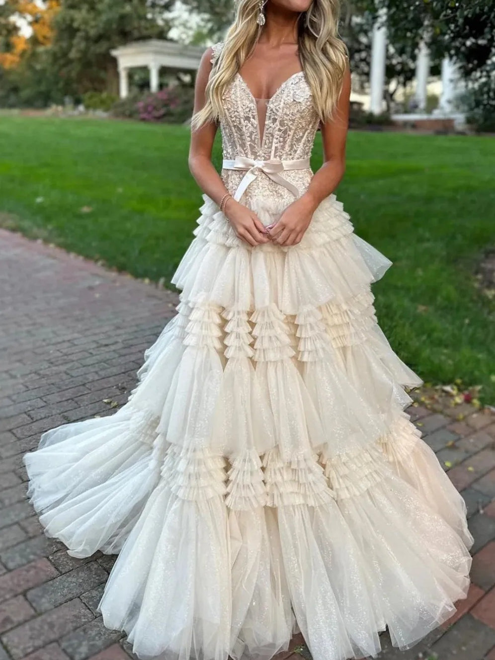 A Line/Princess Off Shoulder Floor-Length Prom Dresses with Tiered Ruffles