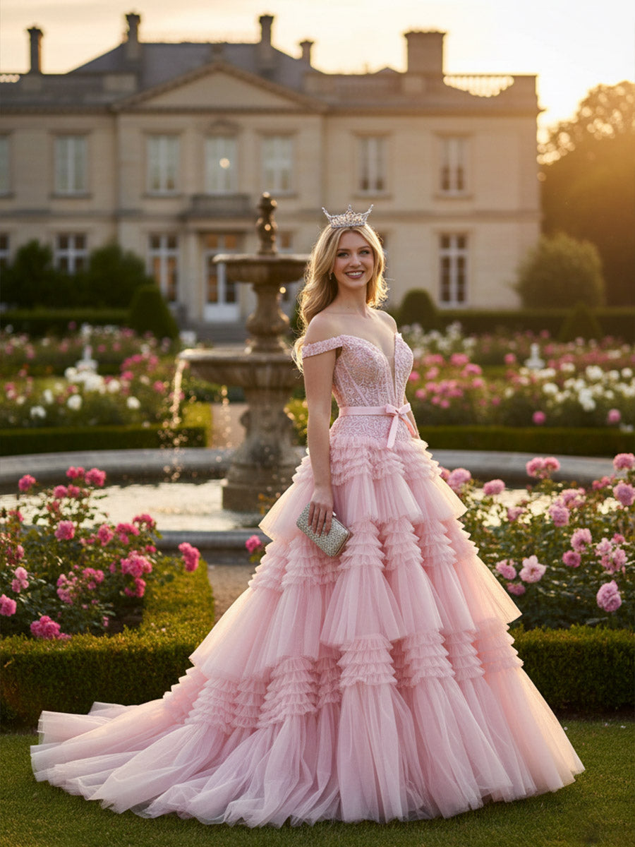 A Line/Princess Off Shoulder Floor-Length Prom Dresses with Tiered Ruffles