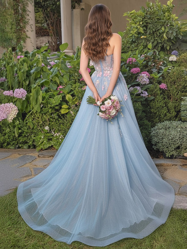 A Line/Princess Spaghetti Strap Tulle Floor-Length Prom Dresses with Flower