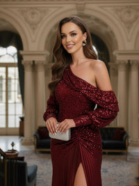 A Line/Princess Long Sleeve Pleated Floor-Length Prom Dresses with Sequin
