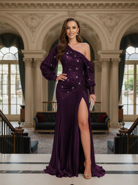 A Line/Princess Long Sleeve Pleated Floor-Length Prom Dresses with Sequin