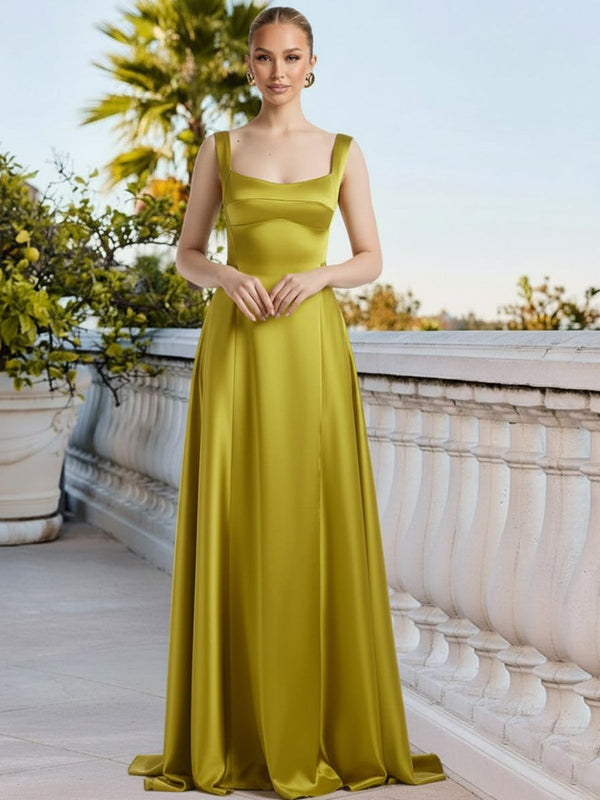 Elegant A-Line/Princess Round Neck Floor-Length Formal Dresses with Pockets