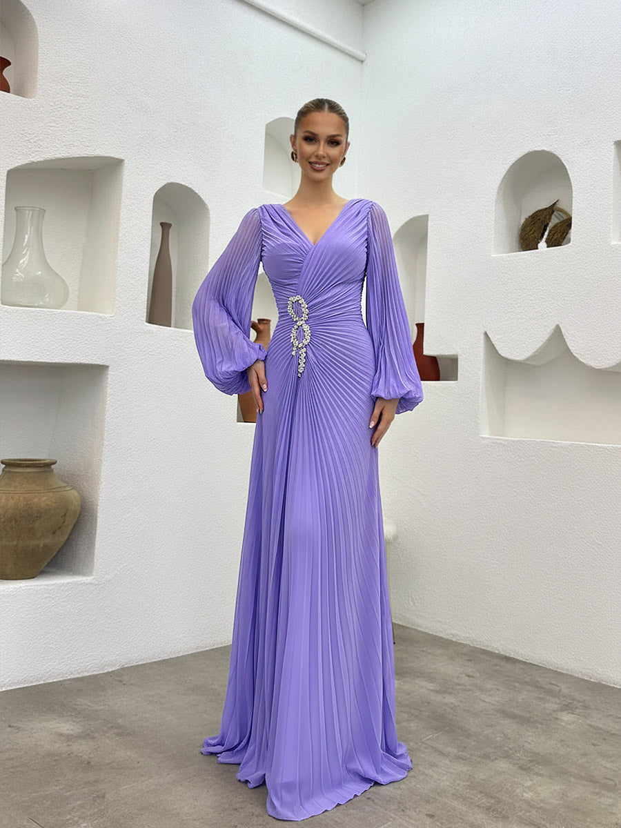 2026 Lavender Prom Dresses with Beading A-Line V-Neck Princess Long Sleeves Pleated Floor-Length Wedding Guest Dresses with Slit
