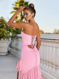 Bodycon Sleeveless Tiered Floor-Length Prom Dresses with Ruffle Slit Women Formal Gowns
