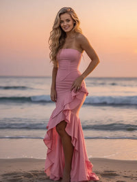 Bodycon Sleeveless Tiered Floor-Length Prom Dresses with Ruffle Slit Women Formal Gowns