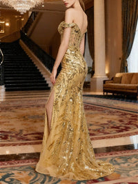 Sheath/Column Off Shoulder Floor-Length Formal Prom Dresses with Sequin