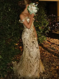 Sheath/Column Off Shoulder Floor-Length Formal Prom Dresses with Sequin