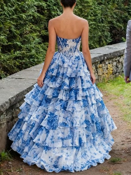 A Line/Princess Tiered Floor-Length Fancy Prom Dresses with Flower Ruffles