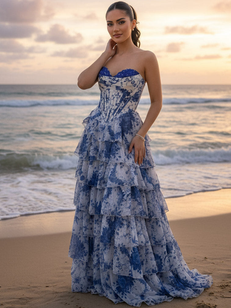 A Line/Princess Tiered Floor-Length Fancy Prom Dresses with Flower Ruffles