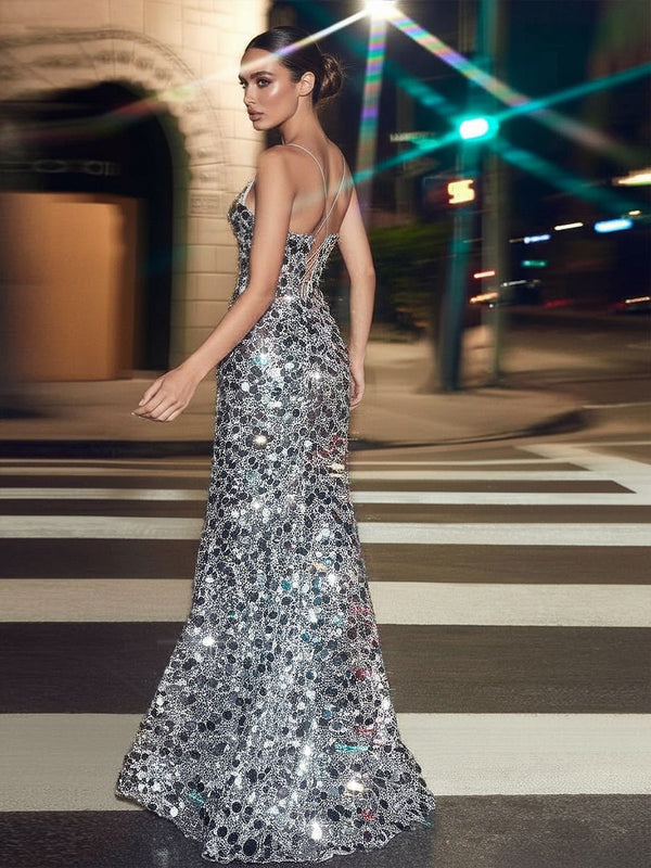Sheath/Column Sparkly Split Floor-Length Prom Gowns with Sequin