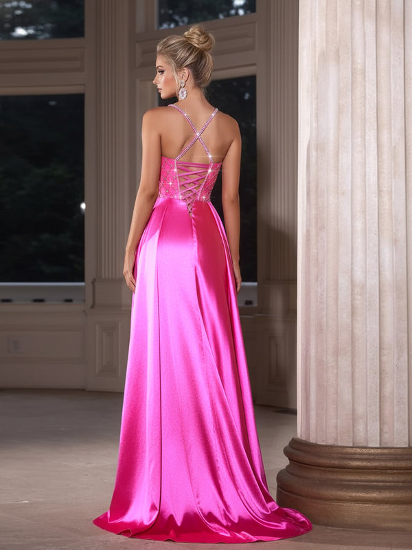 Sheath/Column Pleated Sparkly Sleeveless Maxi Formal Prom Gowns with Train