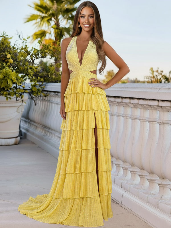 2026 Yellow Prom Dresses with Beads A-Line Princess Halter Deep-V-Neck Tiered Cut-Out Ball Gowns Floor-Length Graduation Dresses 2026 Yellow Prom Dresses with Beads A-Line Princess Halter Deep-V-Neck Tiered Cut-Out Ball Gowns Floor-Length Graduation Dresses