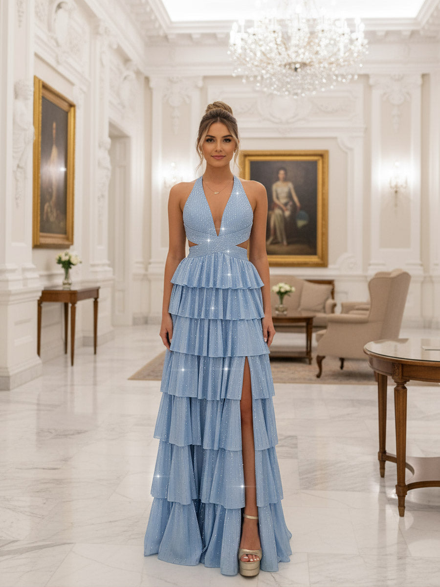 A Line/Princess Halter Tiered Cut-Out Floor-Length Fancy Prom Dresses Shirees A Line/Princess Halter Tiered Cut-Out Floor-Length Fancy Prom Dresses Shirees