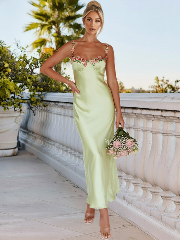 Sheath/Column Floral Spaghetti Strap Floor-Length Prom Dresses with Satin Women Formal Gowns