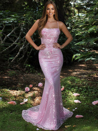 Mermaid Cowl Neck Spaghetti Strap Floor-Length Prom Dresses with Floral Sequin