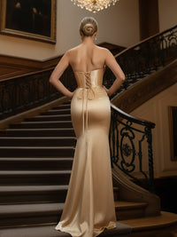 Mermaid Sequin Sleeveless Floor-Length Fancy Evening Dresses with Satin