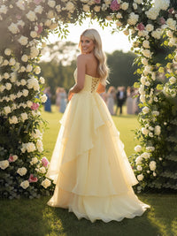 A-Line/Princess Layered Ruffle Sleeveless Floor-Length Fancy Prom Dresses with Slit Women Formal Gowns