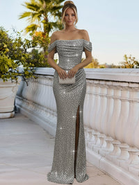 Sparkly Sheath/Column Ruched Cold Shoulder Floor-Length Prom Gowns with Sequin