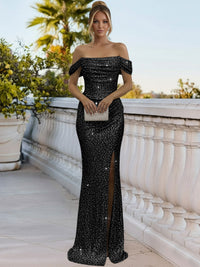 Sparkly Sheath/Column Ruched Cold Shoulder Floor-Length Prom Gowns with Sequin