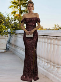 Sparkly Sheath/Column Ruched Cold Shoulder Floor-Length Prom Gowns with Sequin