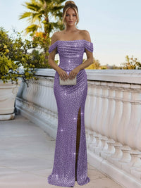 Sparkly Sheath/Column Ruched Cold Shoulder Floor-Length Prom Gowns with Sequin