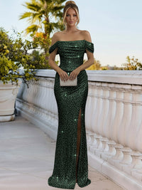 Sparkly Sheath/Column Ruched Cold Shoulder Floor-Length Prom Gowns with Sequin