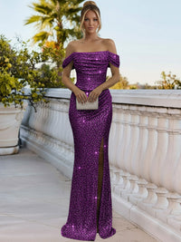 Sparkly Sheath/Column Ruched Cold Shoulder Floor-Length Prom Gowns with Sequin