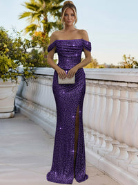 Sparkly Sheath/Column Ruched Cold Shoulder Floor-Length Prom Gowns with Sequin