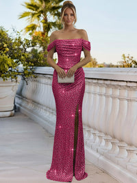 Sparkly Sheath/Column Ruched Cold Shoulder Floor-Length Prom Gowns with Sequin