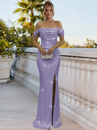 Sparkly Sheath/Column Ruched Cold Shoulder Floor-Length Prom Gowns with Sequin