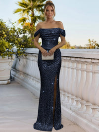 Sparkly Sheath/Column Ruched Cold Shoulder Floor-Length Prom Gowns with Sequin