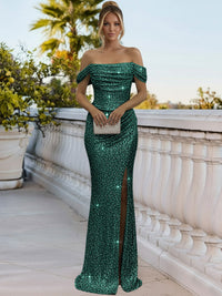 Sparkly Sheath/Column Ruched Cold Shoulder Floor-Length Prom Gowns with Sequin