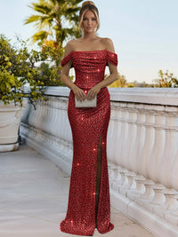 Sparkly Sheath/Column Ruched Cold Shoulder Floor-Length Prom Gowns with Sequin