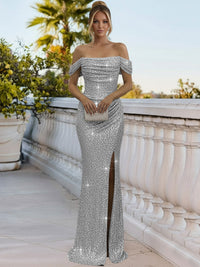 Sparkly Sheath/Column Ruched Cold Shoulder Floor-Length Prom Gowns with Sequin