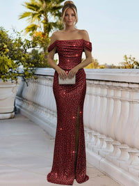 Sparkly Sheath/Column Ruched Cold Shoulder Floor-Length Prom Gowns with Sequin