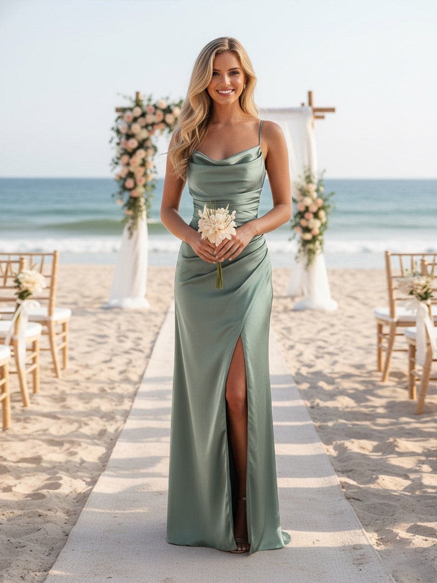 Sheath/Column Spaghetti Strap Floor-Length Formal Gowns with Slit Women