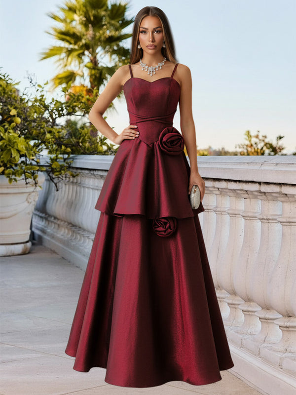 A Line/Princess Organza Sleeveless Floor-Length Prom Dresses with Tiered Hem