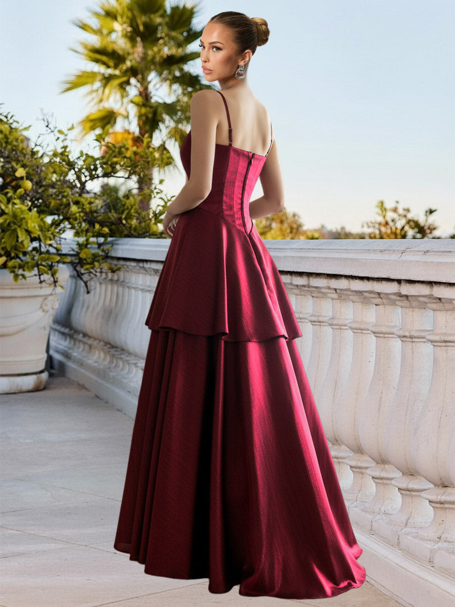 A Line/Princess Organza Sleeveless Floor-Length Prom Dresses with Tiered Hem