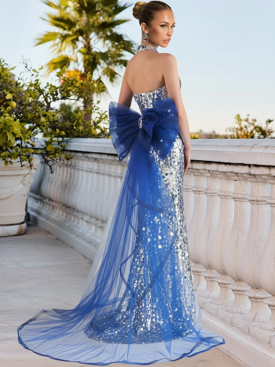 Mermaid Sparkly Sequin Sleeveless Floor-Length Evening Gowns with Bow