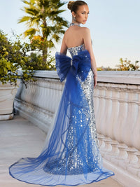 Mermaid Sparkly Sequin Sleeveless Floor-Length Evening Gowns with Bow
