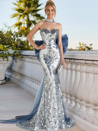 Mermaid Sparkly Sequin Sleeveless Floor-Length Evening Gowns with Bow