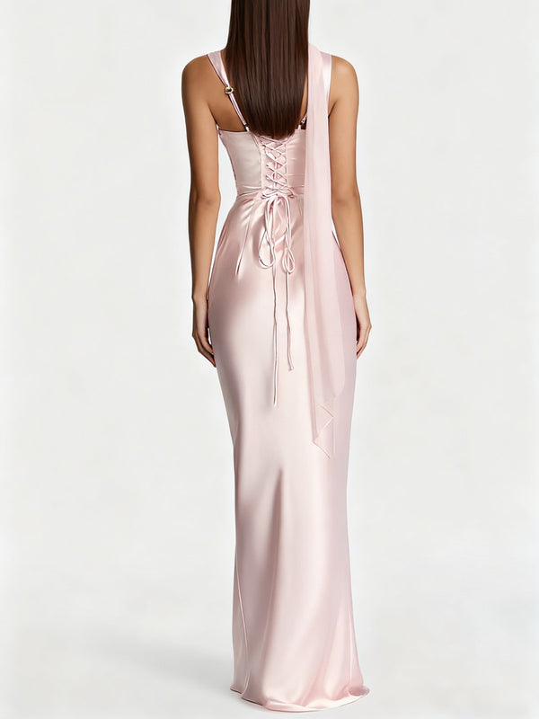 Mermaid Spaghetti Strap Satin Formal Prom Dresses with Ruched Corset